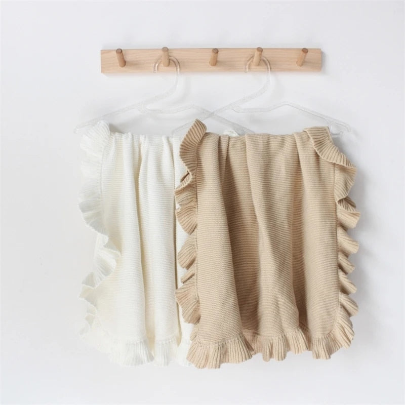 Knitted Cotton Muslin Swaddle Blanket for Baby with Ruffle Trim - Ivory, Grey, Beige, Pink & Sage Green Lilly & Lula