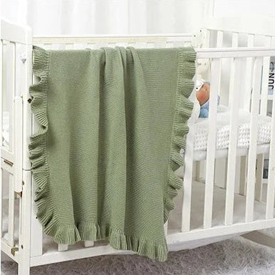Lilly Lula Knitted Cotton Muslin Swaddle Blanket for Baby with Ruffle Trim Ivory Grey Beige Pink Sage Green