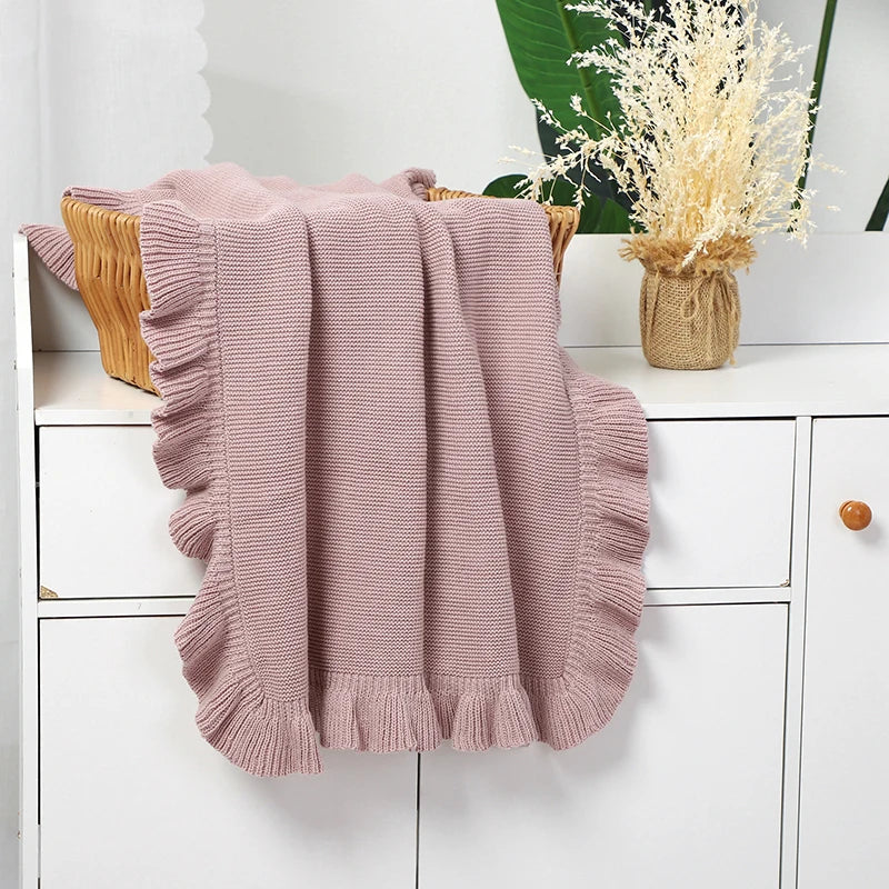 Knitted Cotton Muslin Swaddle Blanket for Baby with Ruffle Trim - Ivory, Grey, Beige, Pink & Sage Green Lilly & Lula