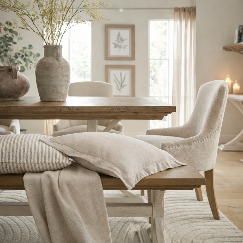 Dining room with wooden table, chairs, and decorative elements.