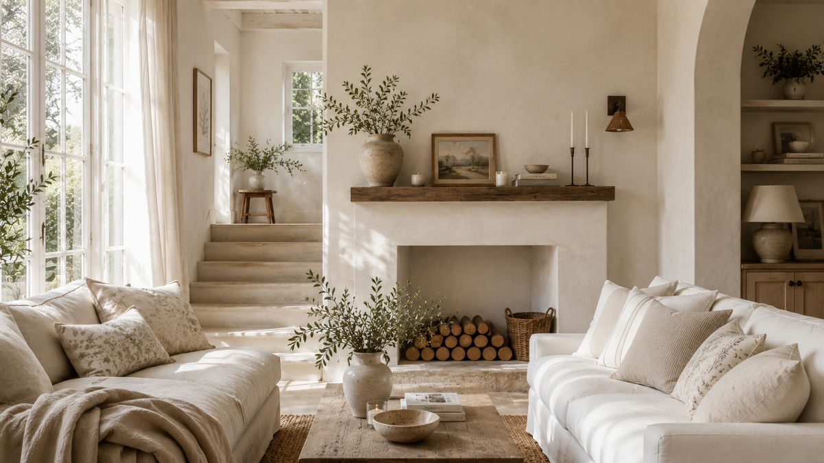 A beautifully styled, sunlit living room featuring a central fireplace with a wooden mantel, cream-colored sofas on either side, and a rustic coffee table in the foreground.