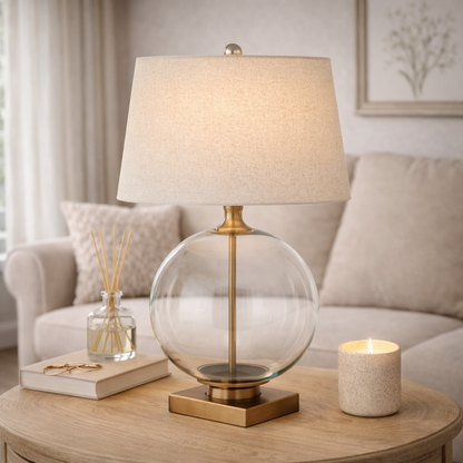 Lunel Glass Orb Table Lamp with Edged Linen Shade