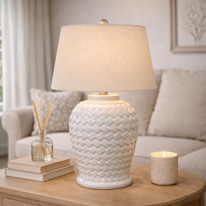 Luxurious Woven Pattern Ceramic Table Lamp with Linen Shade
