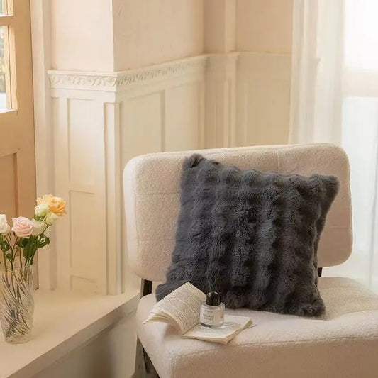 Super Soft Fluffy Luxury Rabbit Faux Fur Wave Cushion Cover - Ivory, Beige & Grey Dark Grey Lilly & Lula