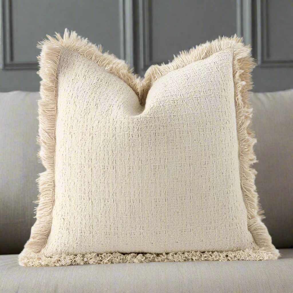 Modern Luxury Ivory Cotton & Linen Cushion Cover With Tassel Detail Lilly & Lula