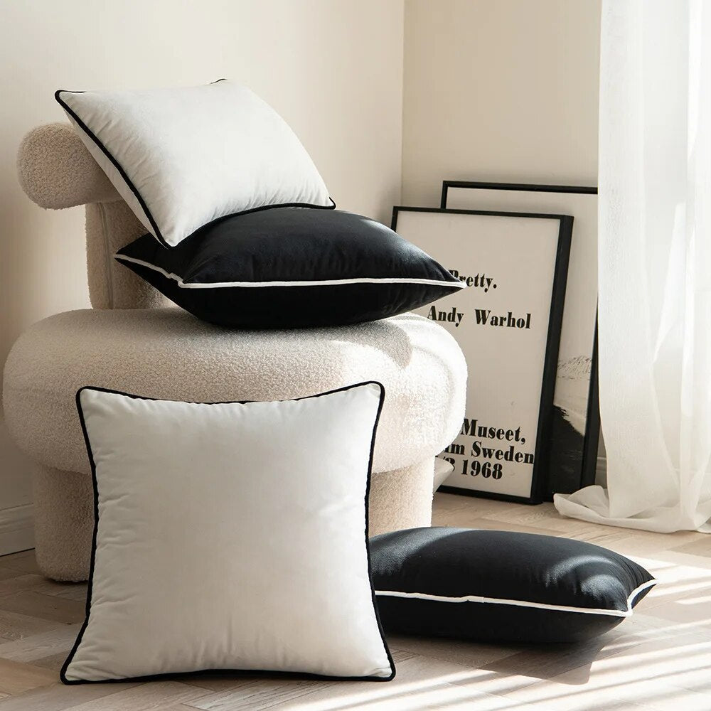 Modern Luxury Velvet Hemming Cushion Covers - Black & White Lilly & Lula