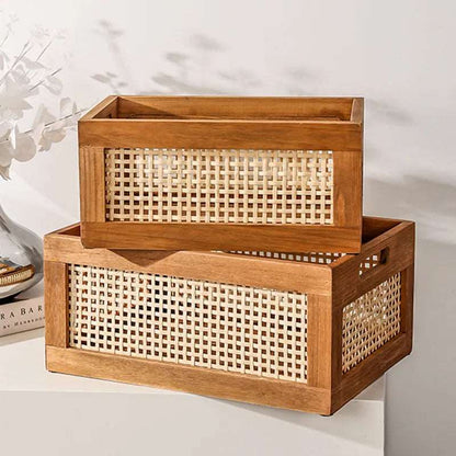 Natural Rattan Solid Wood Storage Box Organiser - 2 Sizes Lilly & Lula