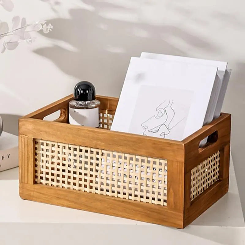 Natural Rattan Solid Wood Storage Box Organiser - 2 Sizes Lilly & Lula