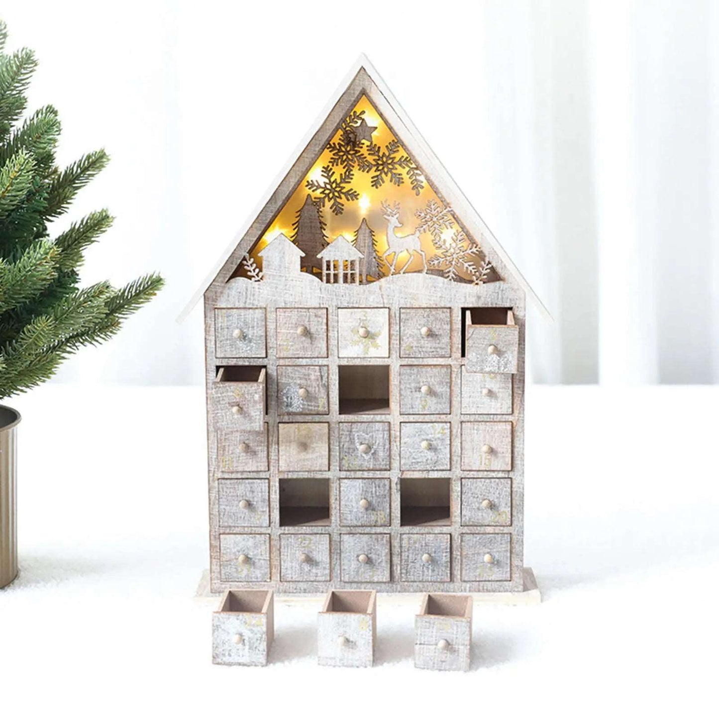 Natural Wooden Christmas Advent Calendar With 25 Drawers & Lights Lilly & Lula