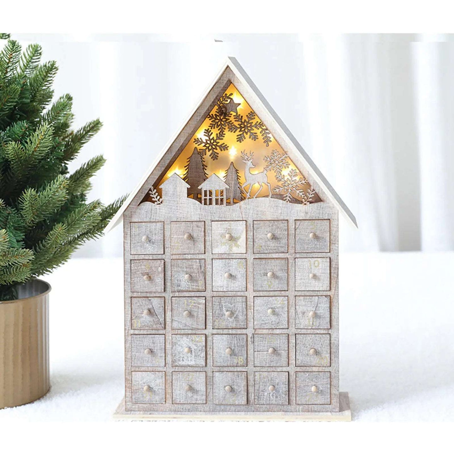 Natural Wooden Christmas Advent Calendar With 25 Drawers & Lights Lilly & Lula