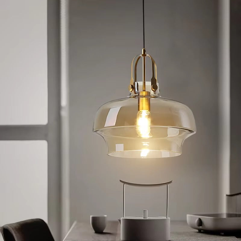 Postmodern Hanging Glass Pendant Light with Gold Details- Grey, Amber & Clear