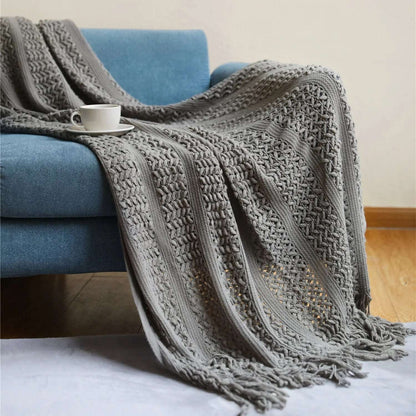 Nordic Knitted Crocheted Throw Blanket with Tassels - 5 Colours Lilly & Lula