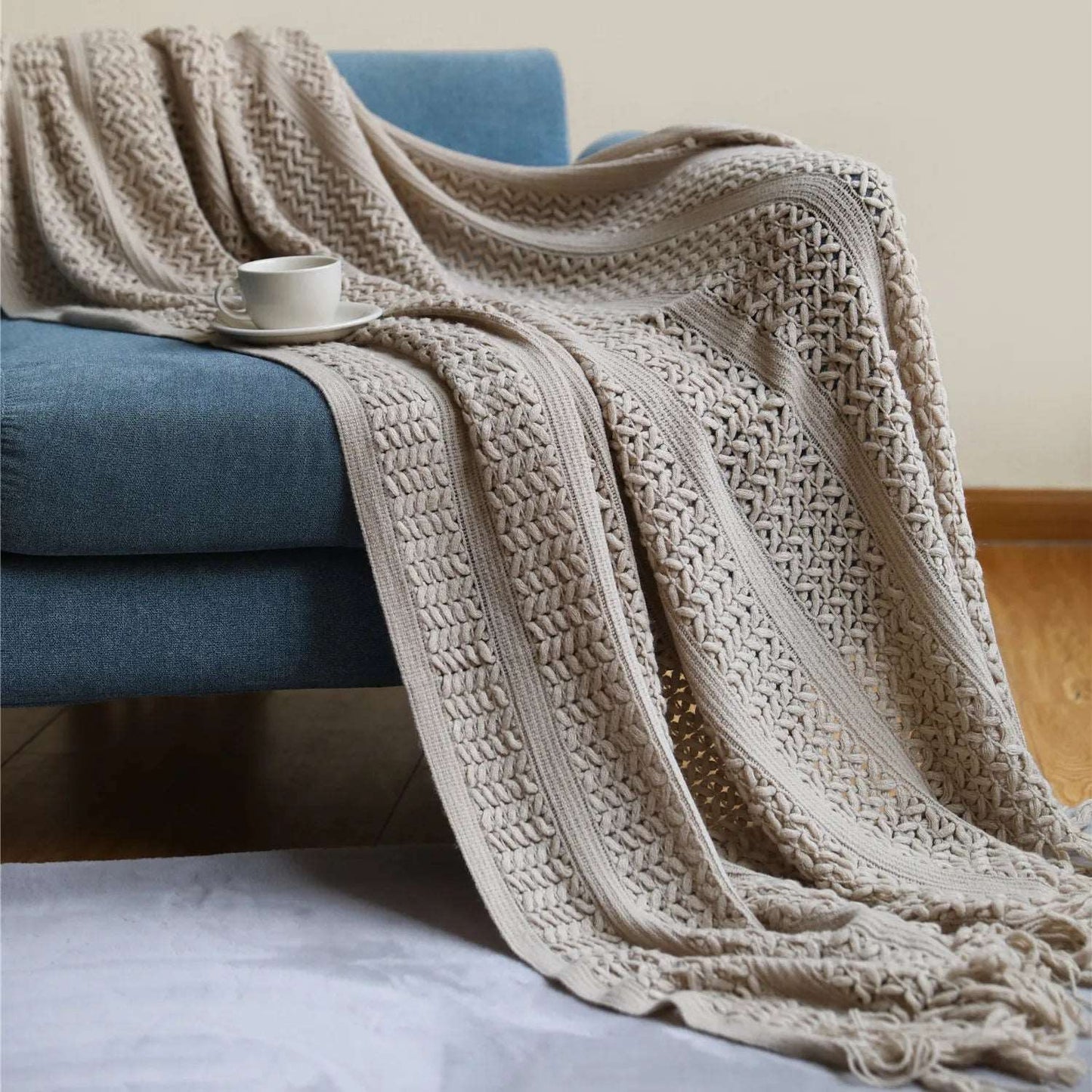 Nordic Knitted Crocheted Throw Blanket with Tassels - 5 Colours Lilly & Lula