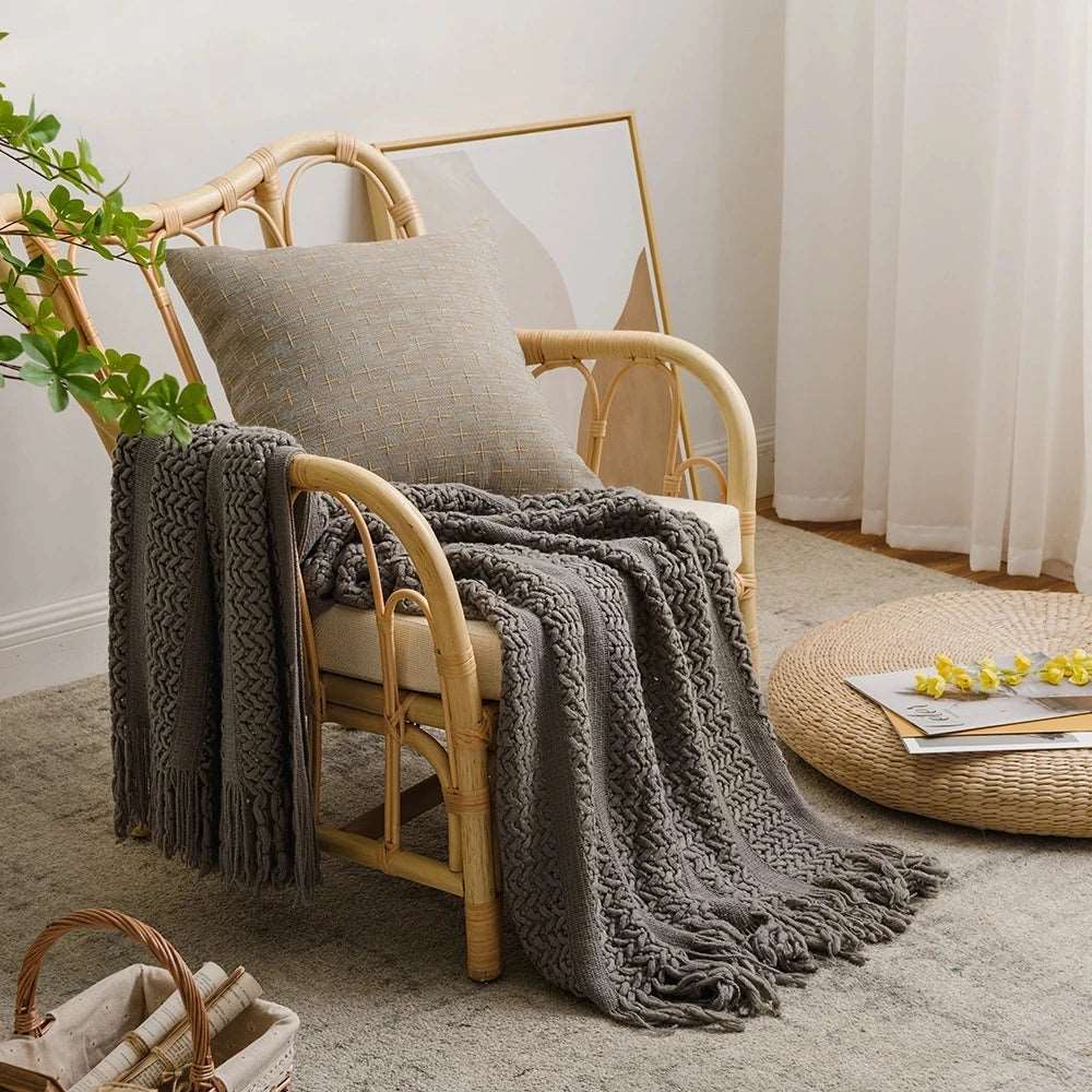 Nordic Knitted Crocheted Throw Blanket with Tassels - 5 Colours Lilly & Lula