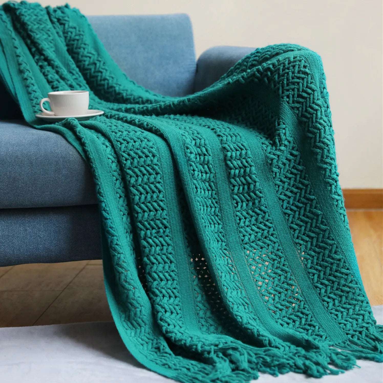 Nordic Knitted Crocheted Throw Blanket with Tassels - 5 Colours Lilly & Lula