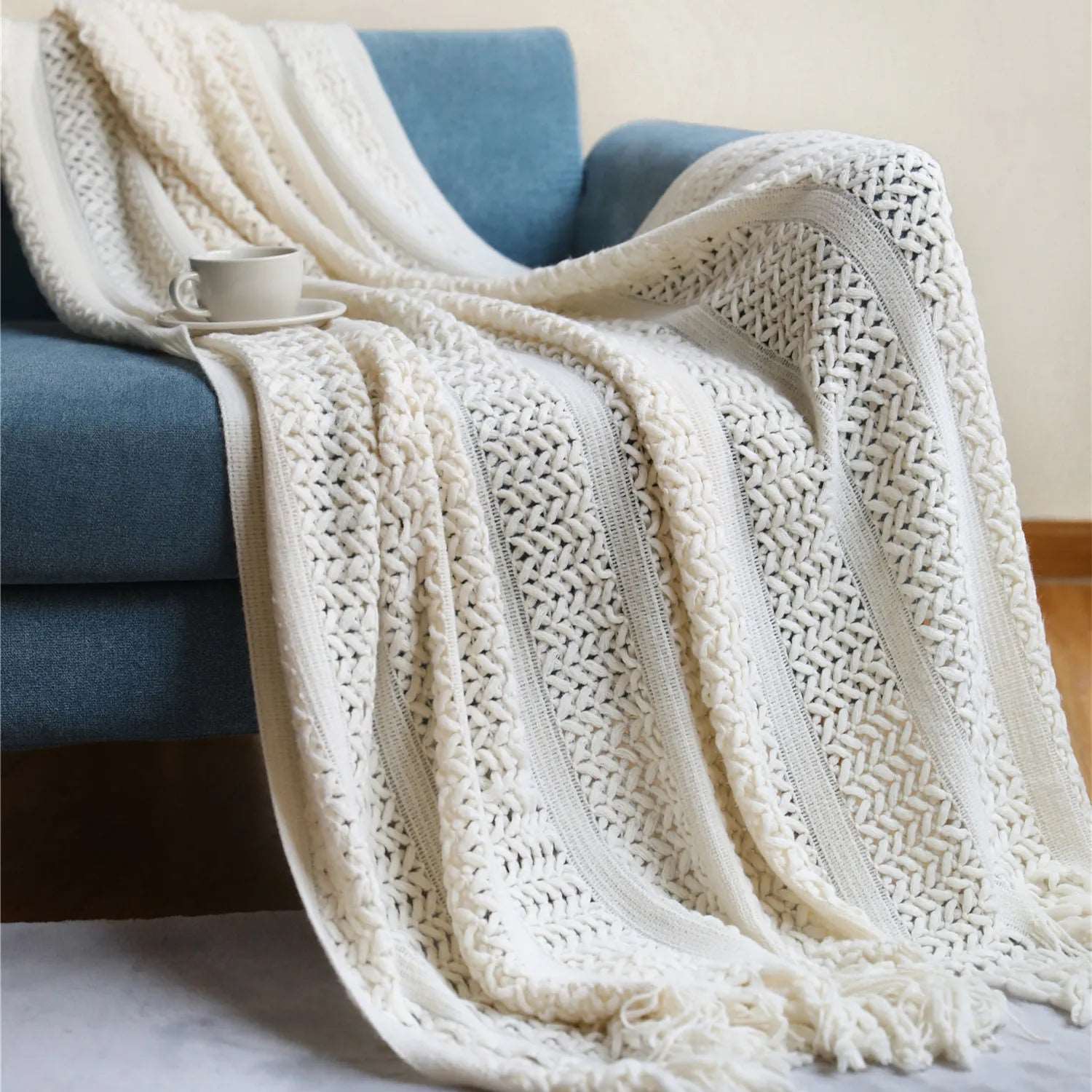 Nordic Knitted Crocheted Throw Blanket with Tassels - 5 Colours Lilly & Lula