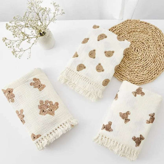 Organic Cotton Baby Muslin Blanket Swaddle with Fringe and Bear Detail - 3 Styles Lilly & Lula