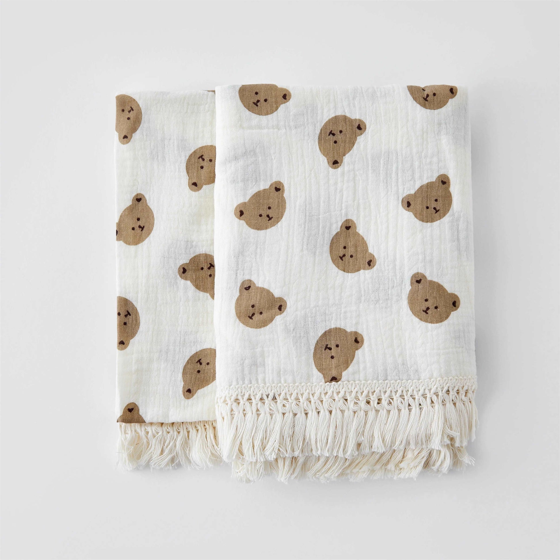 Organic Cotton Baby Muslin Blanket Swaddle with Fringe and Bear Detail - 3 Styles Lilly & Lula