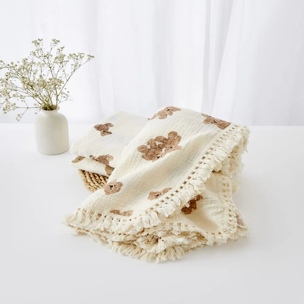 Organic Cotton Baby Muslin Blanket Swaddle with Fringe and Bear Detail - 3 Styles Lilly & Lula