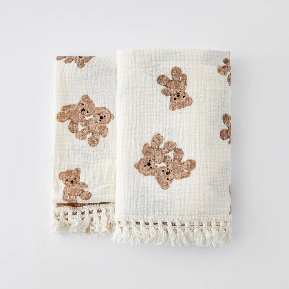 Organic Cotton Baby Muslin Blanket Swaddle with Fringe and Bear Detail - 3 Styles Lilly & Lula