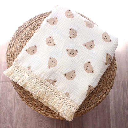 Organic Cotton Baby Muslin Blanket Swaddle with Fringe and Bear Detail - 3 Styles Lilly & Lula