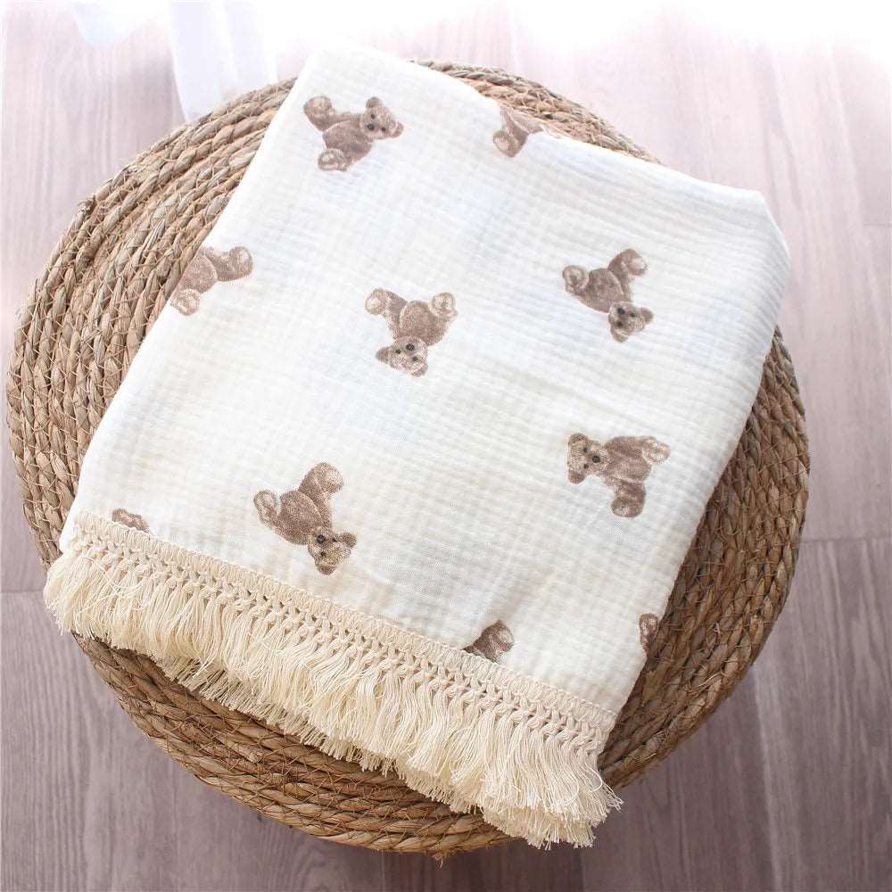 Organic Cotton Baby Muslin Blanket Swaddle with Fringe and Bear Detail - 3 Styles Lilly & Lula