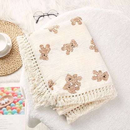 Organic Cotton Baby Muslin Blanket Swaddle with Fringe and Bear Detail - 3 Styles Lilly & Lula