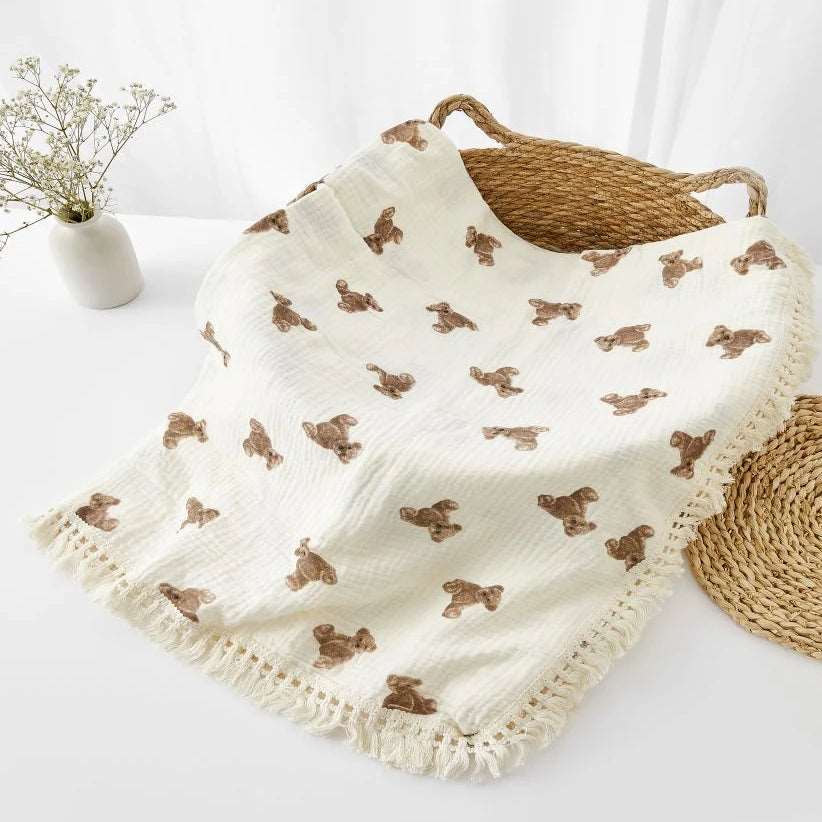 Organic Cotton Baby Muslin Blanket Swaddle with Fringe and Bear Detail - 3 Styles Lilly & Lula