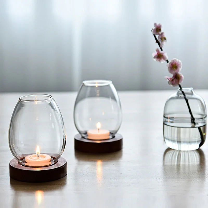 Oval Clear Glass Candle Tea Light Holder With Wood Base - Brown & Black Lilly & Lula