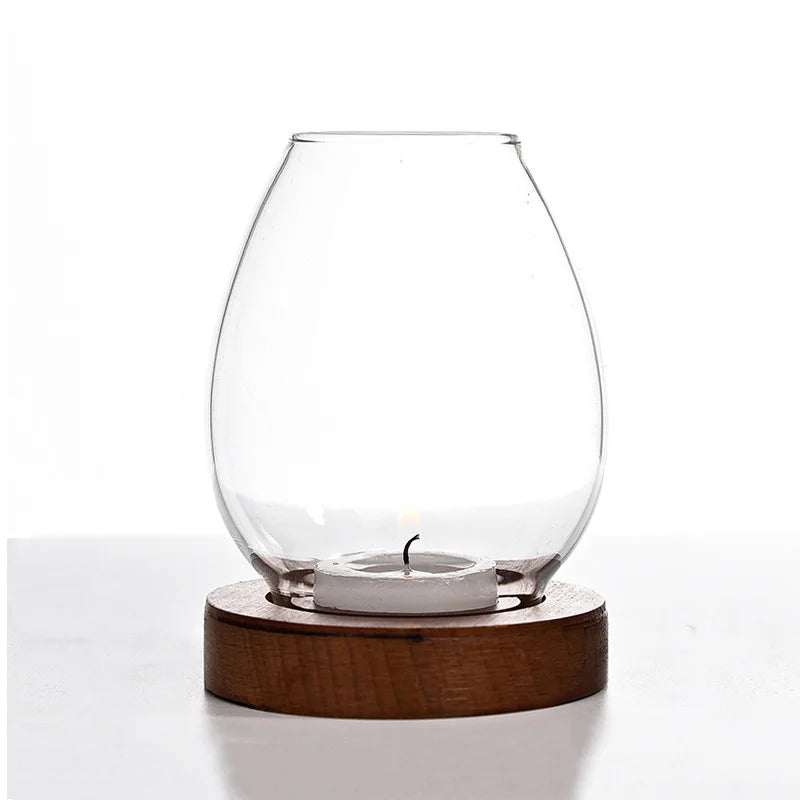 Oval Clear Glass Candle Tea Light Holder With Wood Base - Brown & Black Lilly & Lula