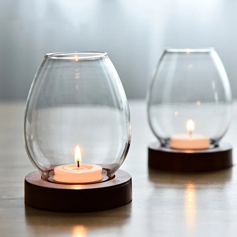 Oval Clear Glass Candle Tea Light Holder With Wood Base - Brown & Black Lilly & Lula