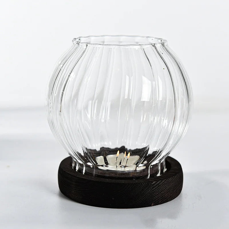 Oval Clear Glass Candle Tea Light Holder With Wood Base - Brown & Black Lilly & Lula