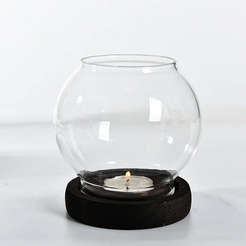 Oval Clear Glass Candle Tea Light Holder With Wood Base - Brown & Black Lilly & Lula