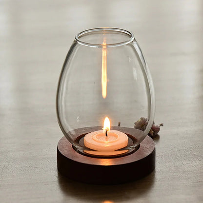 Oval Clear Glass Candle Tea Light Holder With Wood Base - Brown & Black Lilly & Lula