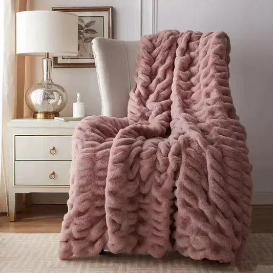 Plush Luxury Faux Rabbit Fur Bedspread Throw - Ivory, Pink, Grey & Blue Lilly & Lula