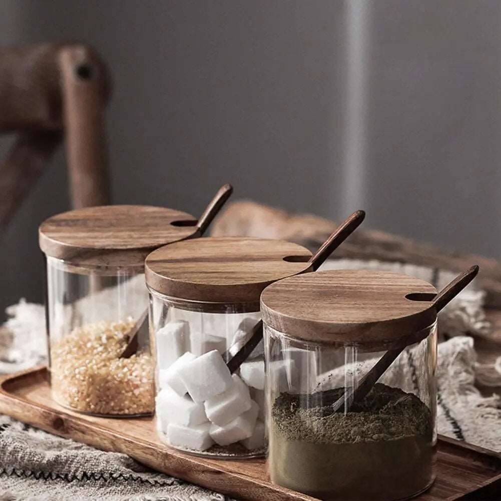 Premium Glass Wood Spice Storage Jar with Wood Spoon Lilly & Lula