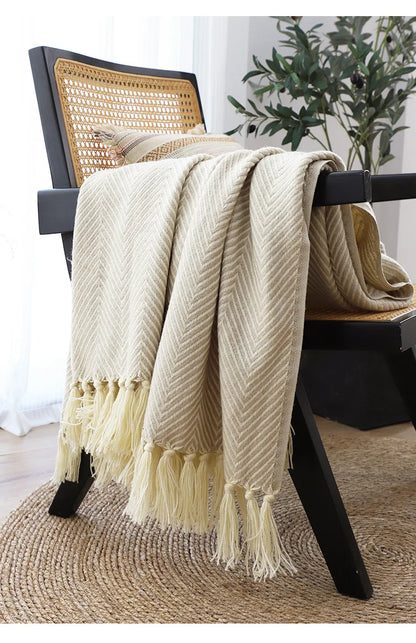 Traditional Luxury Geometric Knitted Blanket Throw With Tassels - Sage Green, Beige, Orange & Yellow