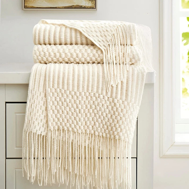 Premium Nordic Style Knitted Throw - Grey, Dark Grey, White & Beige