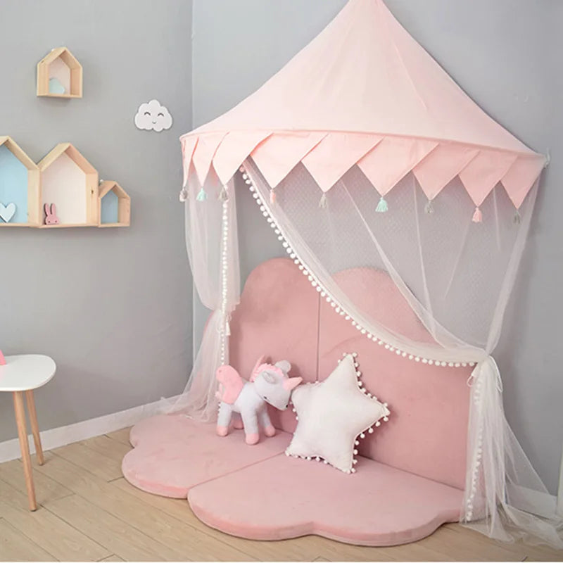 Kids Wall Canopy With Tassel Detail - White, Pink & Multi Coloured