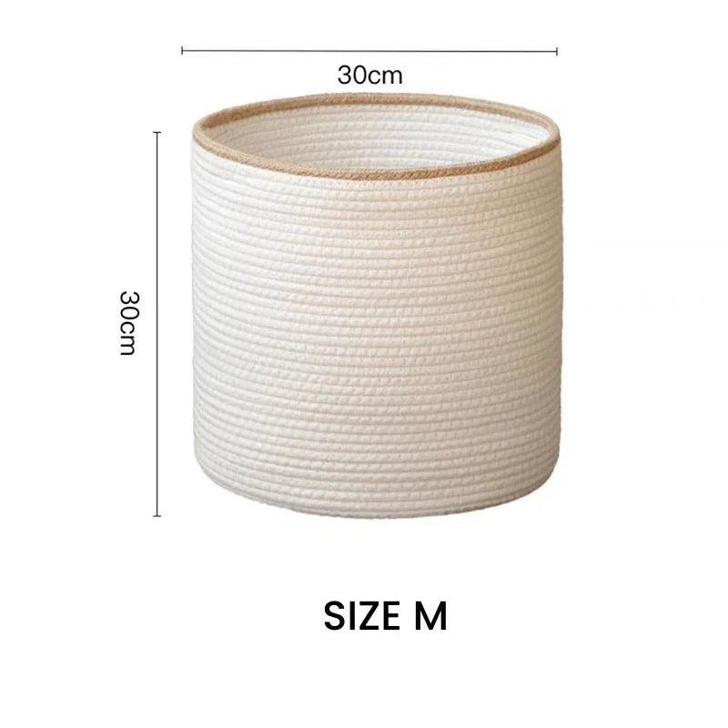 White Handmade Round Woven Cotton Rope Foldable Basket with Beige Rim - 3 Sizes