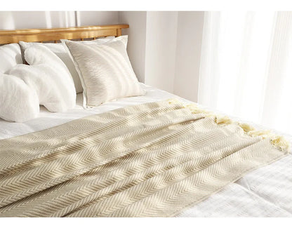 Traditional Luxury Geometric Knitted Blanket Throw With Tassels - Sage Green, Beige, Orange & Yellow