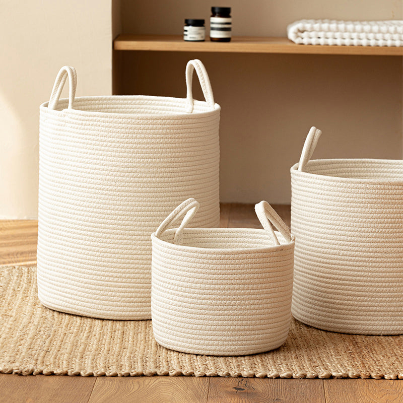 Handmade Round Woven Cotton Rope Foldable Basket with Handles - Beige & White