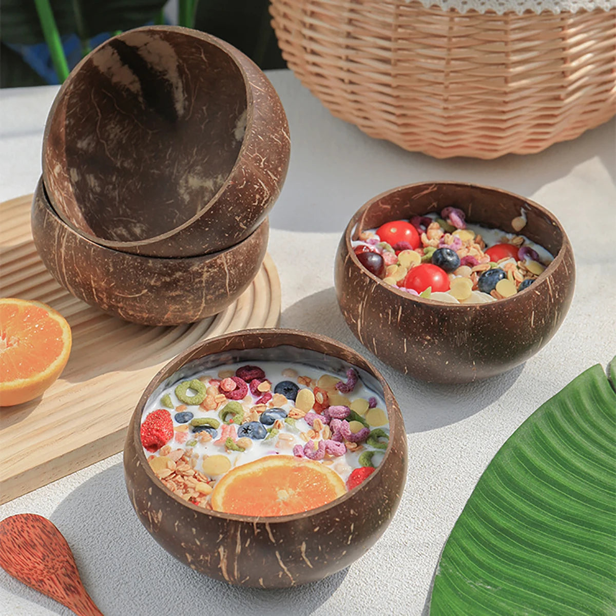 Set of 2 & 4 Eco Friendly Wooden Coconut Serving Bowls with Wooden Spoon - 3 Sizes