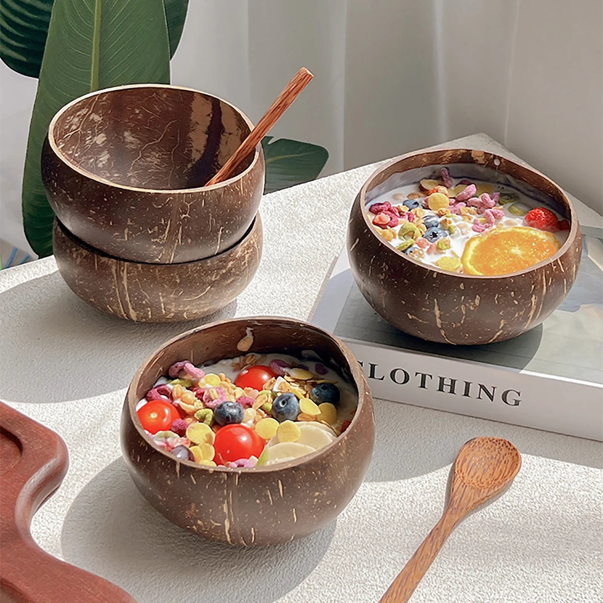 Set of 2 & 4 Eco Friendly Wooden Coconut Serving Bowls with Wooden Spoon - 3 Sizes