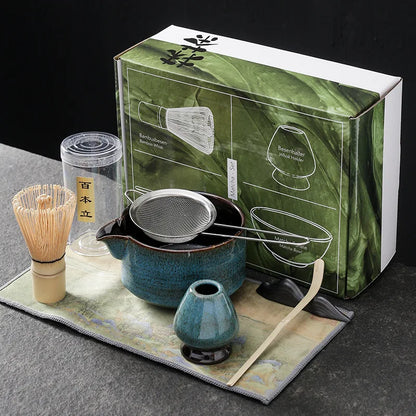 7-Piece Set Handmade Japanese Matcha Ceremony Gift Set - White, Yellow & Blue