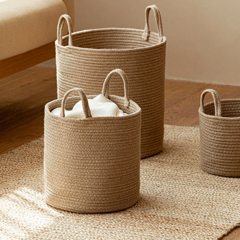 Handmade Round Woven Cotton Rope Foldable Basket with Handles - Beige & White