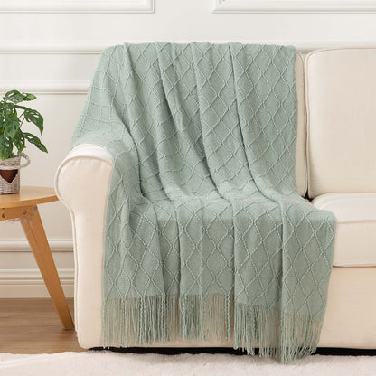 Nordic Knitted Crocheted Diamond Jacquard Throw Blanket with Tassels - 9 Colours