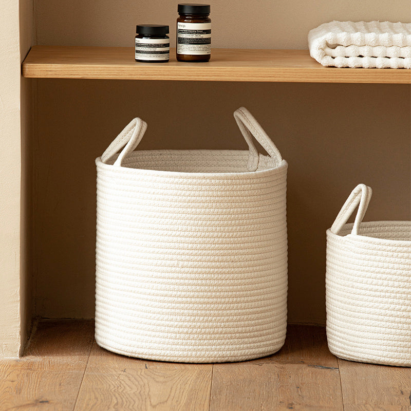 Handmade Round Woven Cotton Rope Foldable Basket with Handles - Beige & White