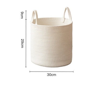 Handmade Round Woven Cotton Rope Foldable Basket with Handles - Beige & White