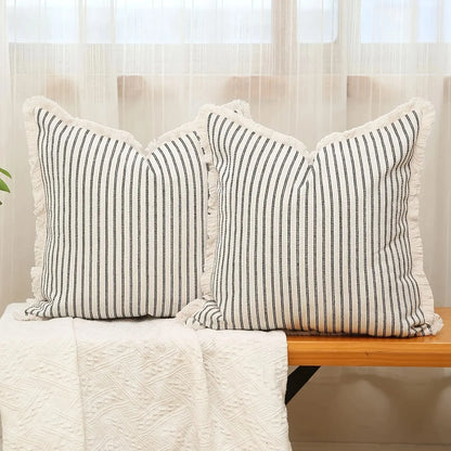 Decorative Nordic Striped Jacquard Cotton Cushion Covers With White Frill Detail - 4 Colours